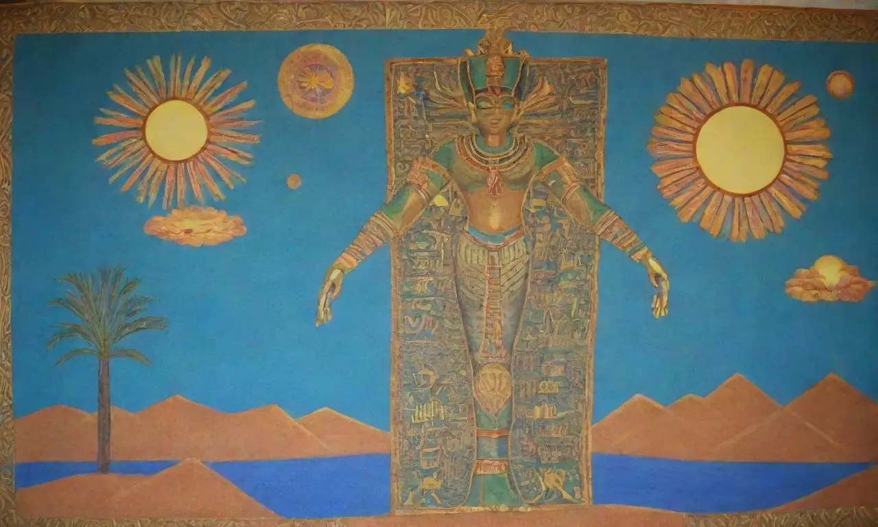 Un paisaje desértico con pirámides, Osiris y símbolos de vida y muerte en un vibrante tapiz de historia