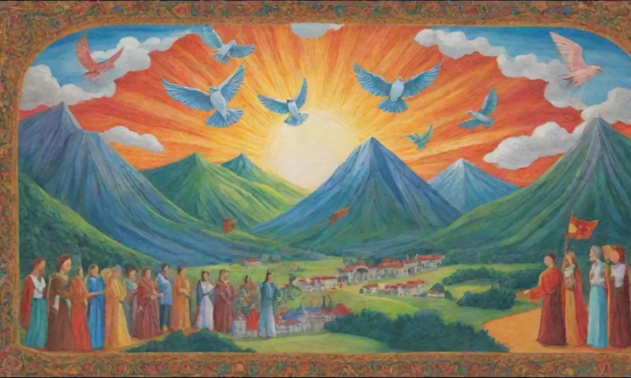 Un mural vibrante con héroes en paisajes de leyenda y colores audaces