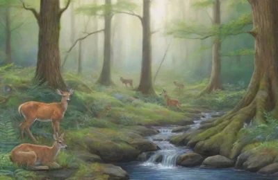Un bosque exuberante con un ciervo