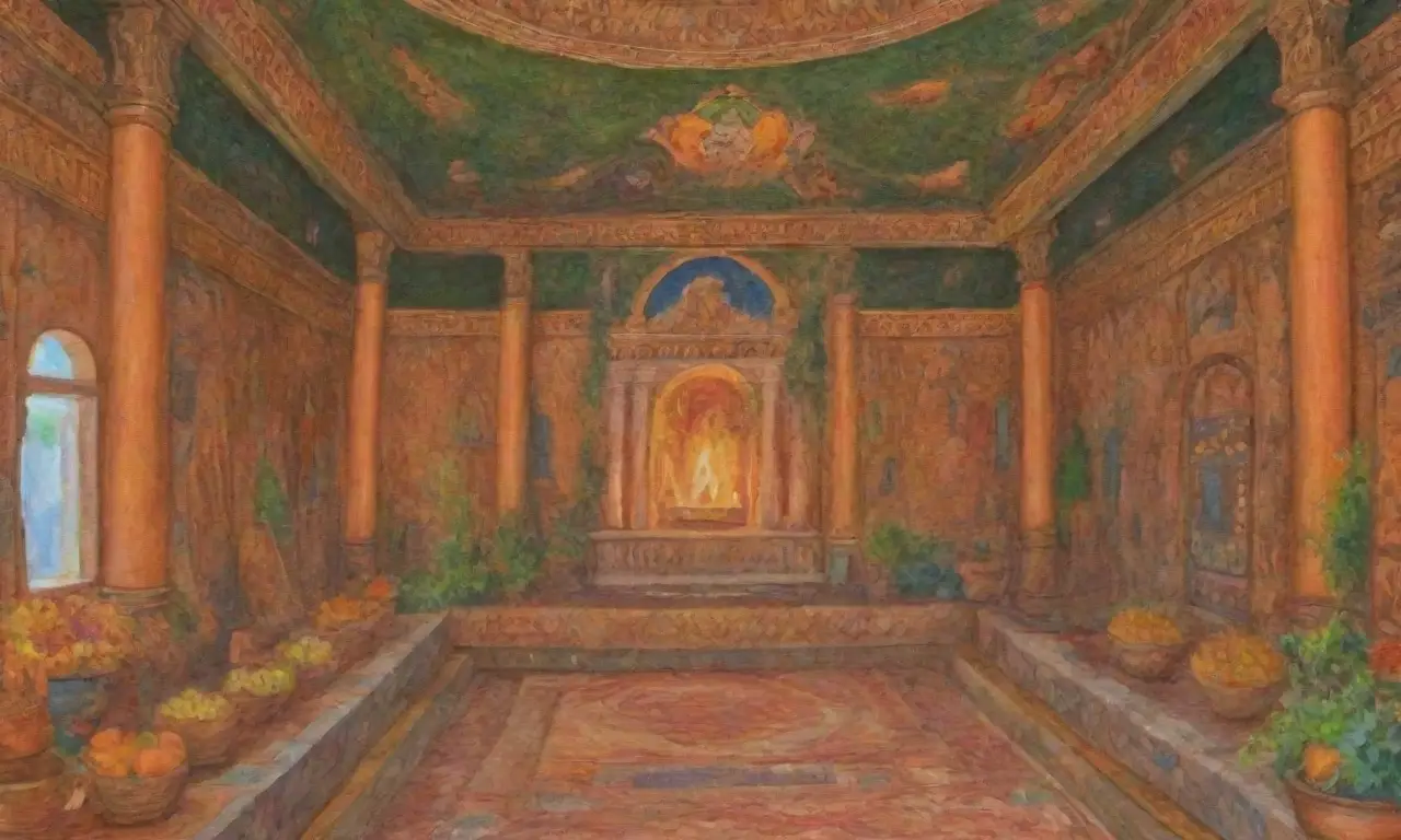 Templo romano antiguo con frescos, estatuas, ofrendas y rituales sagrados