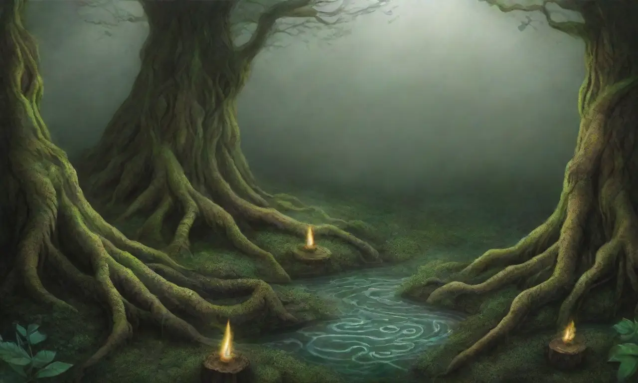 Un bosque oscuro y místico, lleno de serpientes y magia, donde la belleza se entrelaza con el peligro