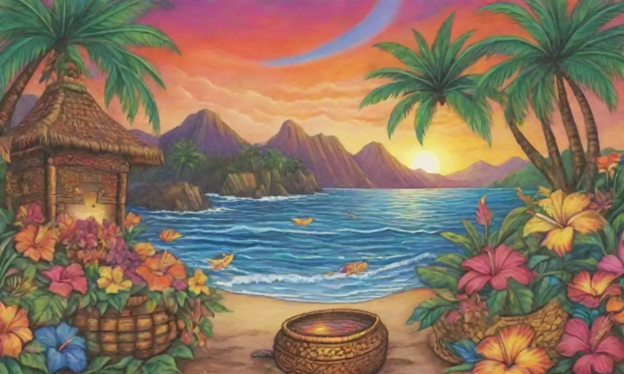 Colores tropicales vibrantes, dioses antiguos, naturaleza armoniosa y rica cultura