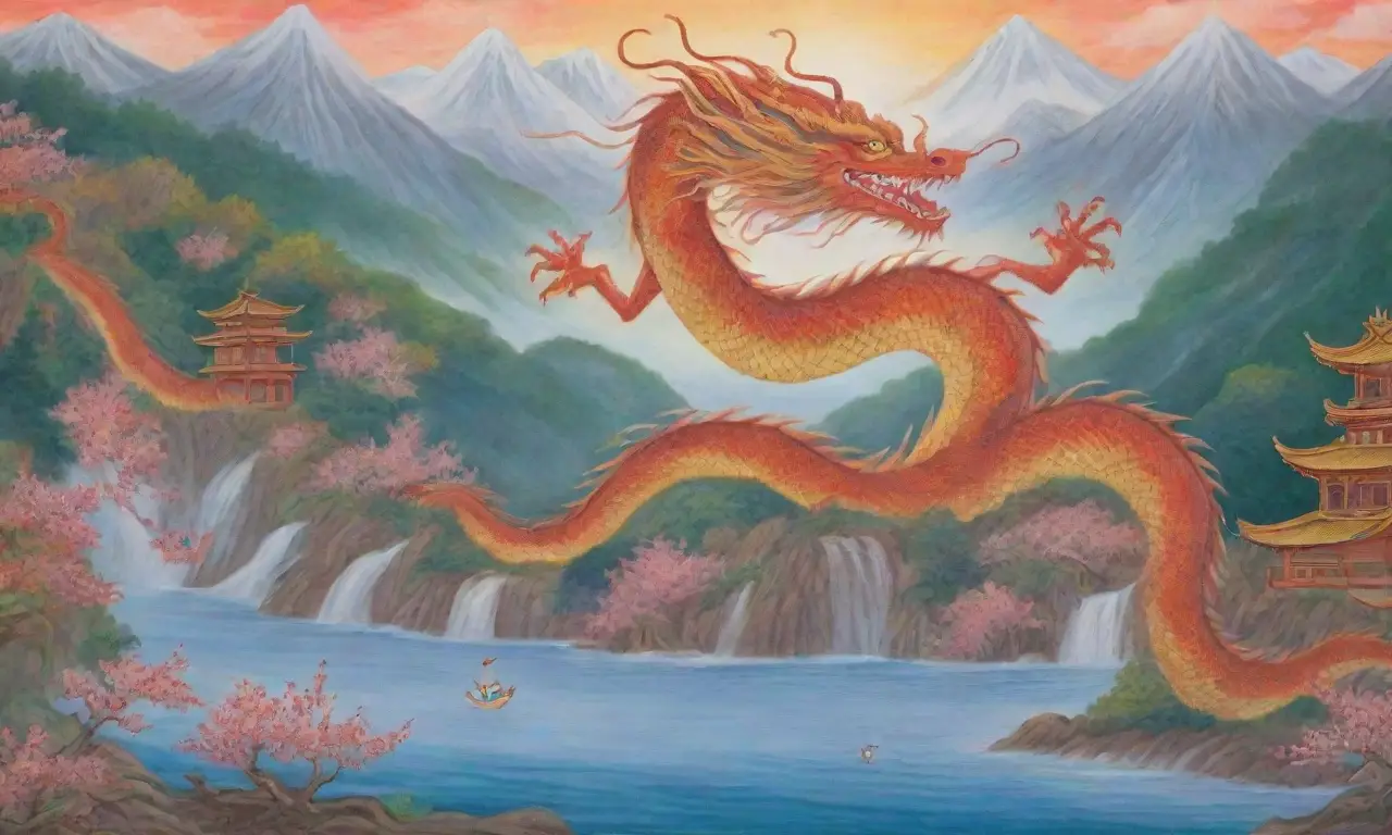 Un mural vibrante de un dragón chino entre nubes, con colores rojos y dorados, simbolizando poder y sabiduría