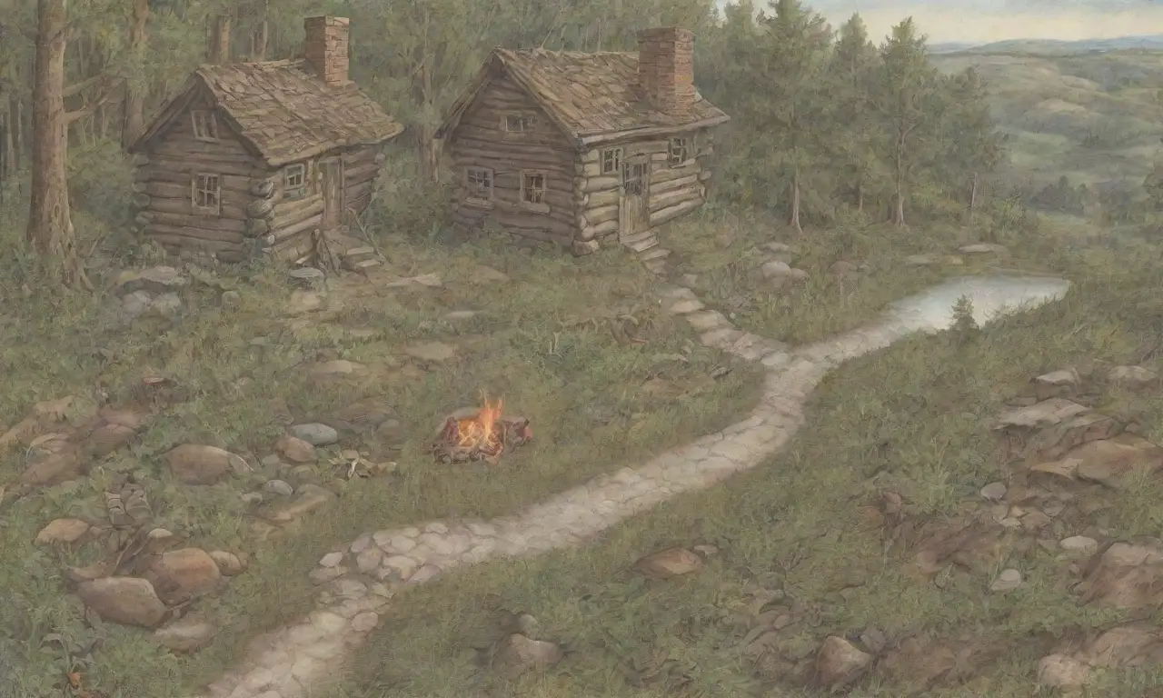 Un bosque denso con luz filtrada, un camino cubierto de hojas, una cabaña rústica, un mapa, un diario, huellas de animales, flores silvestres, un arroyo, y una atmósfera de sabiduría antigua