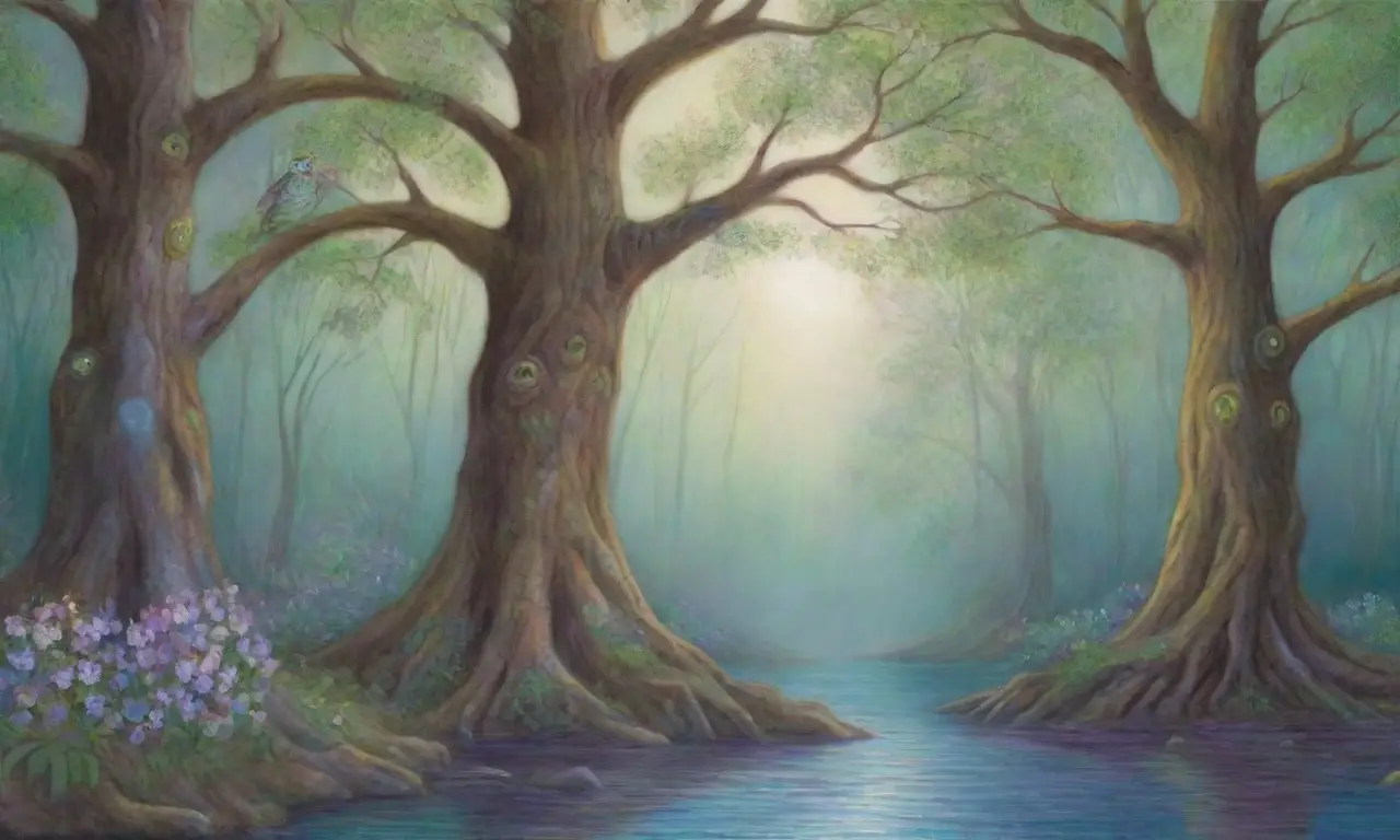 Un bosque exuberante con una diosa majestuosa rodeada de luz y criaturas míticas