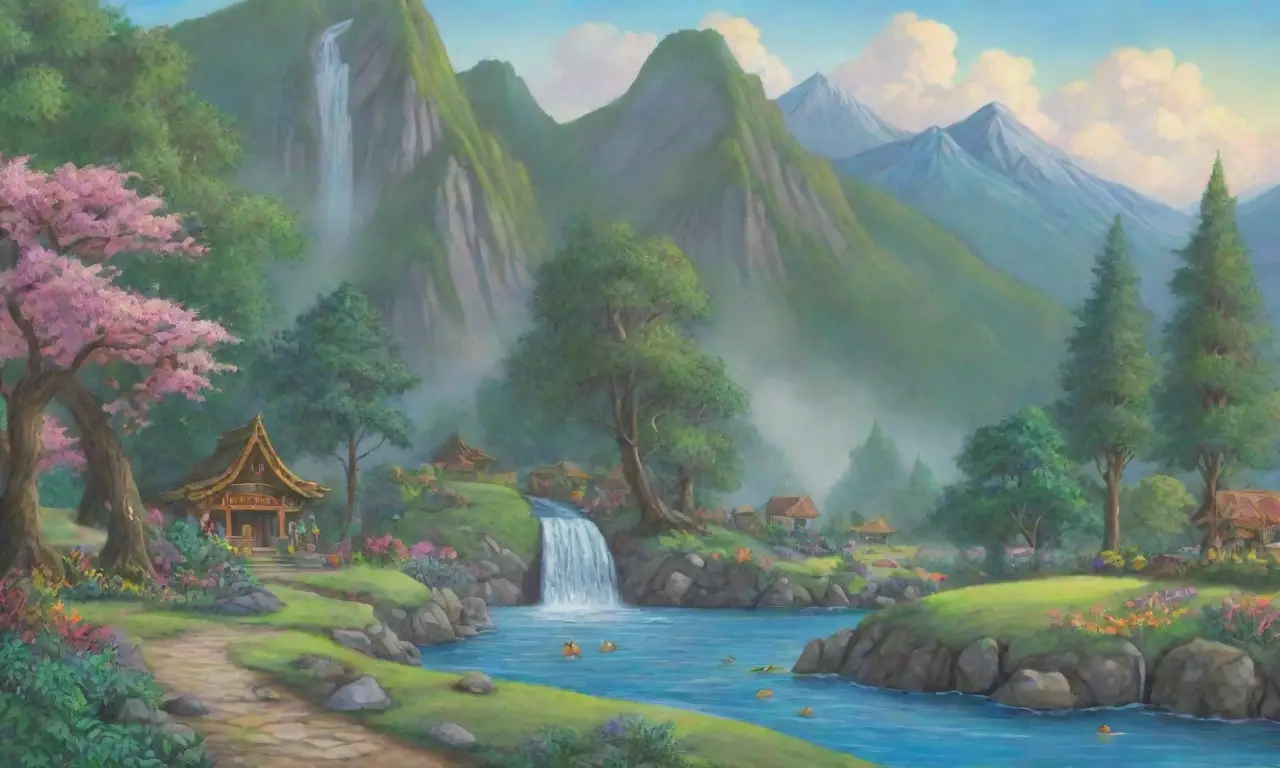 Un paisaje sereno con montañas verdes, flores vibrantes, un río tranquilo y un altar antiguo invita a la contemplación