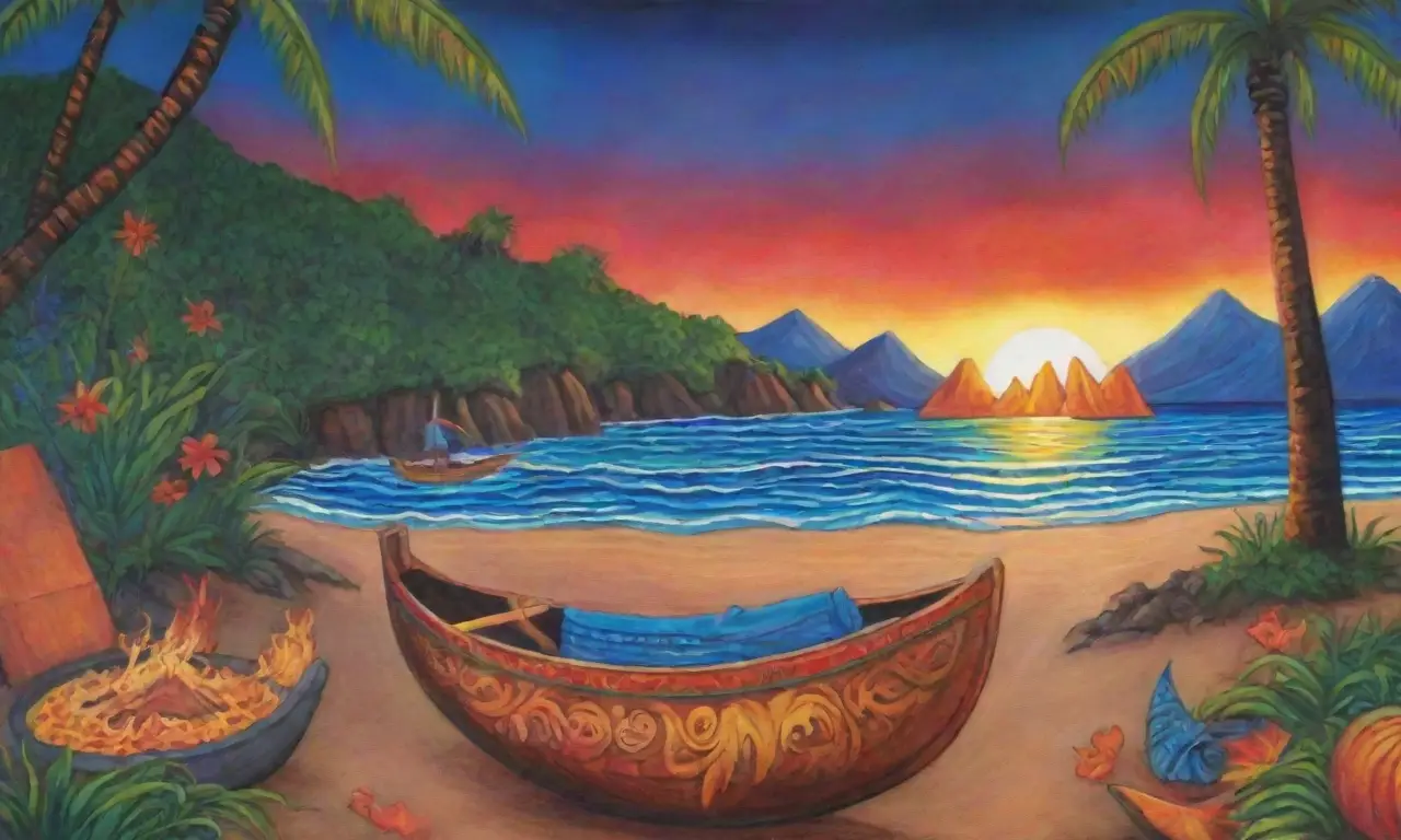 Colores tropicales vibrantes, la silueta de Maui, tatuajes intrincados, palmeras, montañas volcánicas, un canoa tallada, olas del océano, estrellas brillantes y un fuego sagrado, todo en un tapiz de aventura y herencia cultural