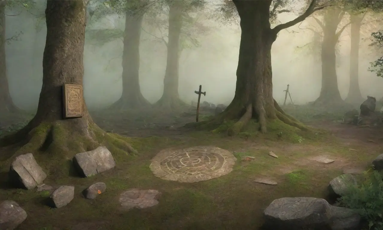Un bosque brumoso y misterioso con símbolos eslavos