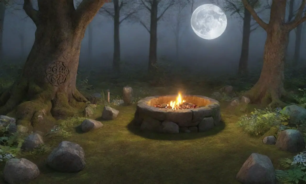 Un bosque brumoso con círculos de piedra, luces de velas, figuras en capas y un ambiente sagrado