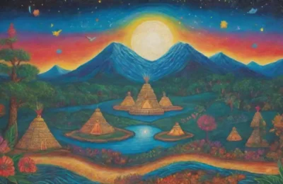 Un paisaje vibrante con elementos celestiales