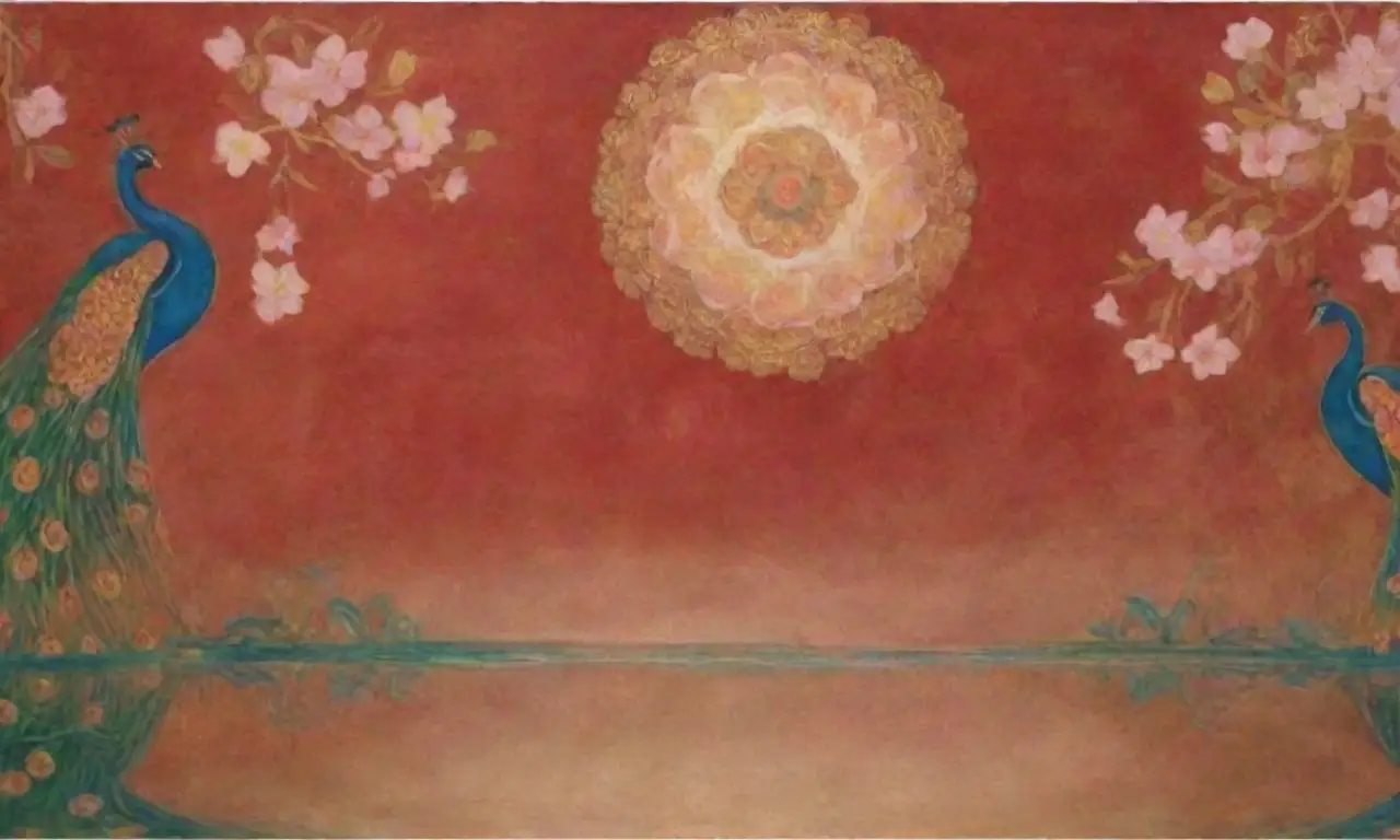 Un paisaje vibrante y armonioso lleno de colores, flores, reflejos y elementos culturales