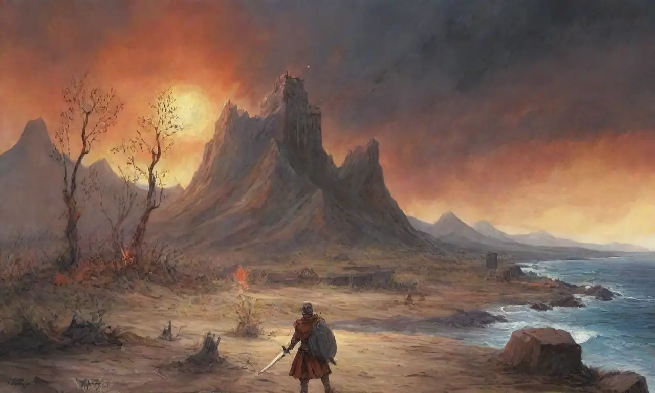 Eneas, en un paisaje de ruinas y batalla, sostiene la esperanza ante un nuevo amanecer