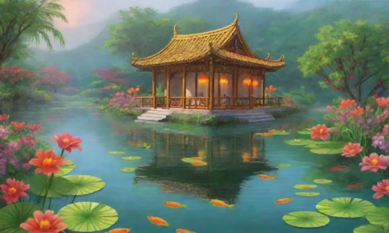 Un paisaje vibrante y sereno que fusiona naturaleza, arte y mitología