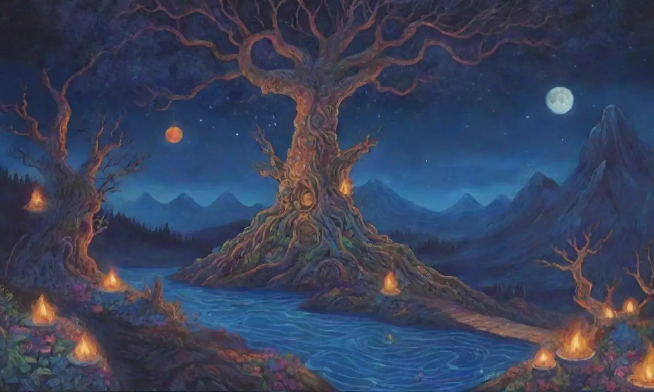 Un paisaje misterioso y etéreo lleno de sombras, luces y elementos fantásticos