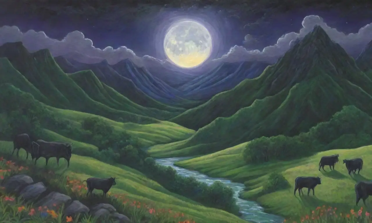 Un paisaje místico con un cielo oscuro, relámpagos, una figura poderosa en una montaña, valles verdes, ganado, altares antiguos, flores silvestres, un río y espíritus etéreos