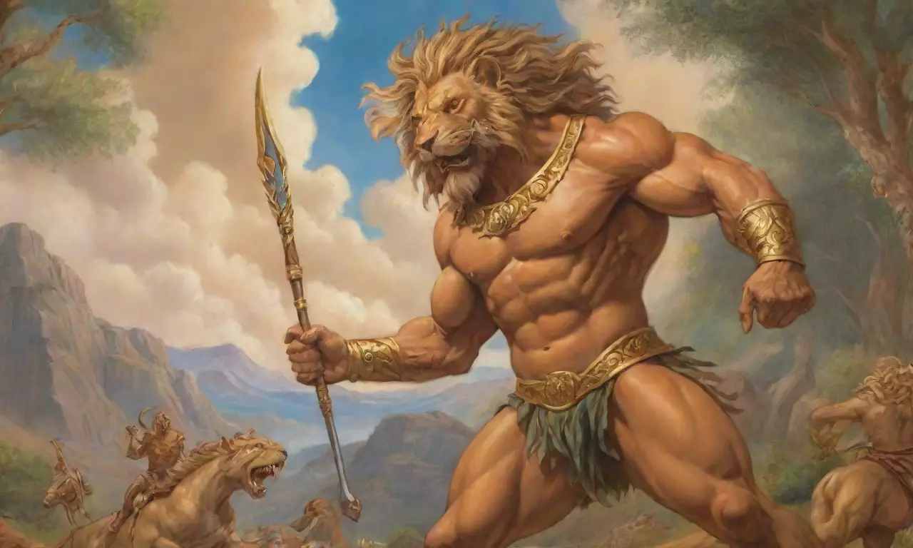 Un mural vibrante muestra a Heracles y Aquiles en una escena épica llena de mitología y movimiento