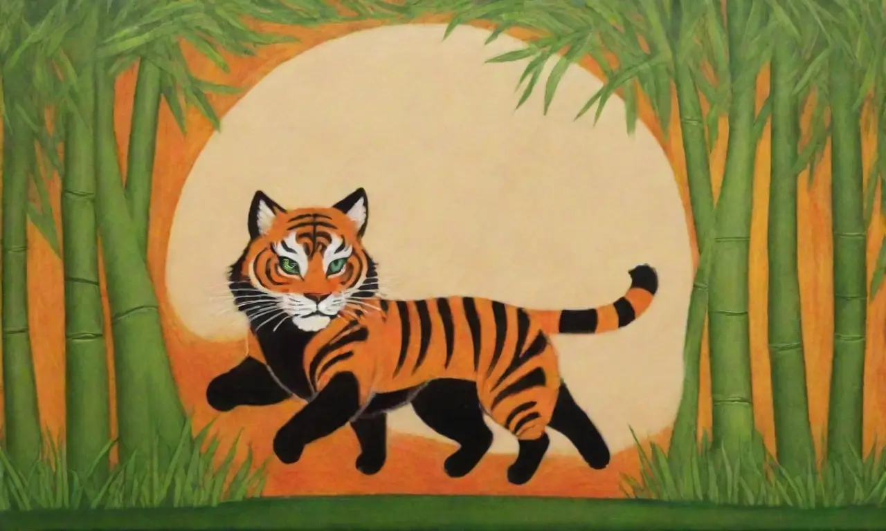 Un majestuoso tigre con rayas naranjas y negras se destaca entre un fondo de bambú verde y nubes, rodeado de símbolos de fuerza y leyendas vibrantes