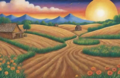 Un paisaje agrícola vibrante lleno de vida y naturaleza