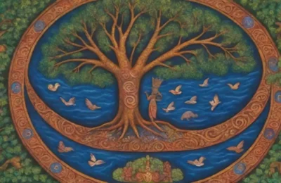 Un mural vibrante de Baiame rodeado de naturaleza