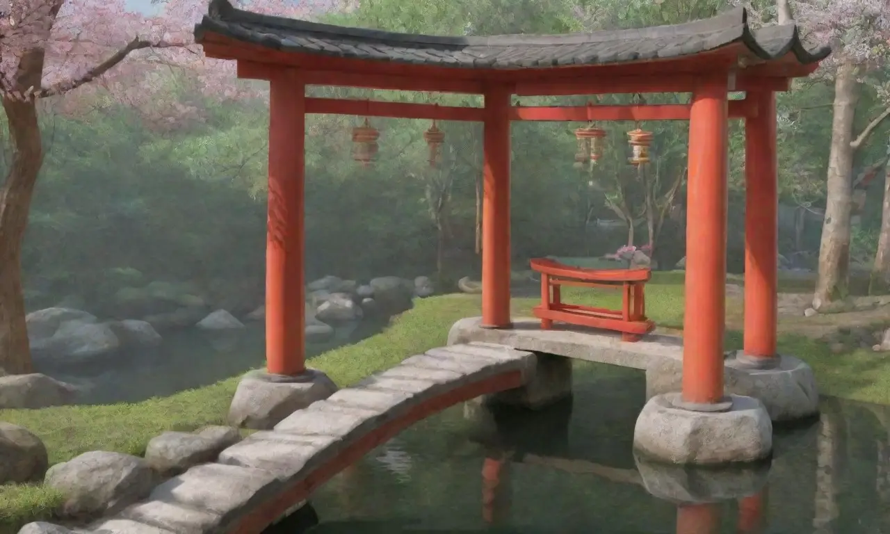 Un santuario sereno rodeado de naturaleza, con un torii rojo, cerezos en flor y un estanque de koi