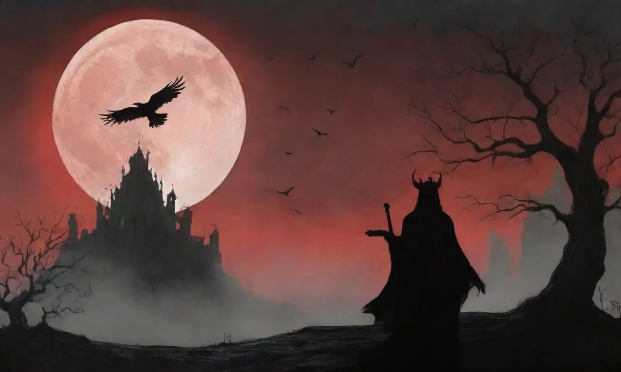 Un paisaje oscuro y misterioso con nubes, una luna roja, guerreros fantasmas y la figura de Morrigan