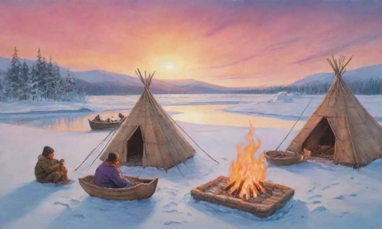 Un paisaje helado con un cazador inuit, auroras boreales, un iglú, y una comunidad vibrante en armonía con la naturaleza
