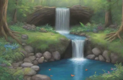 Una cascada serena rodeada de naturaleza crea un ambiente de tranquilidad y misticismo