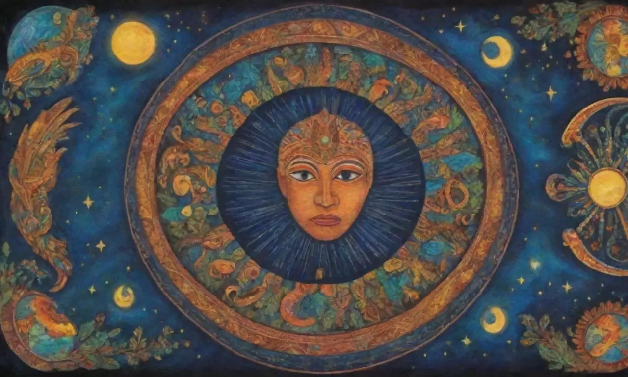 Patrones celestiales vibrantes y elementos sagrados de la naturaleza y la cultura