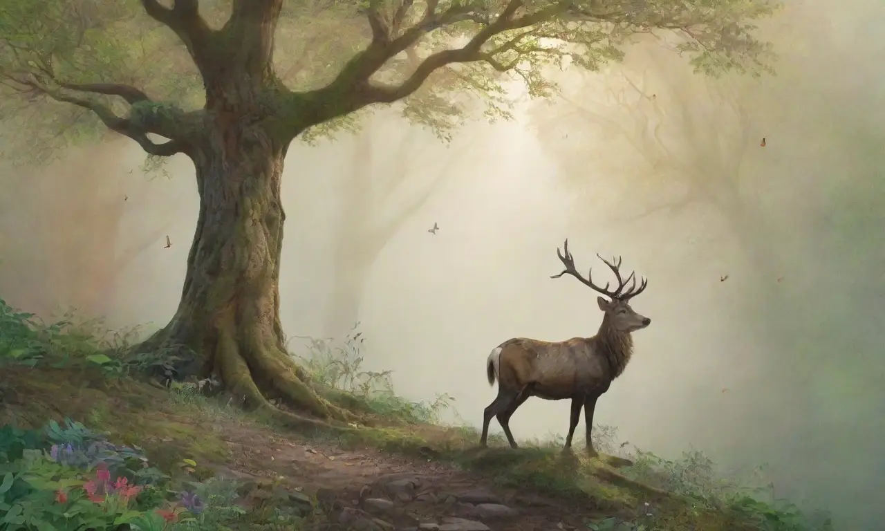Un bosque exuberante con un ciervo majestuoso, flores vibrantes, una luna plateada, ruinas antiguas y una mujer enigmática rodeada de naturaleza salvaje