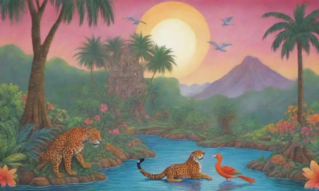 Un paisaje de selva vibrante con fauna, flora, ríos, y figuras míticas que evocan sabiduría ancestral