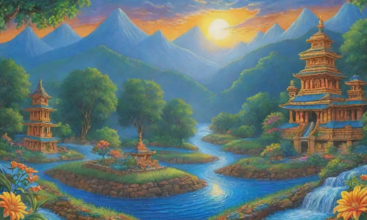 Un paisaje vibrante y sagrado lleno de colores, naturaleza y rituales