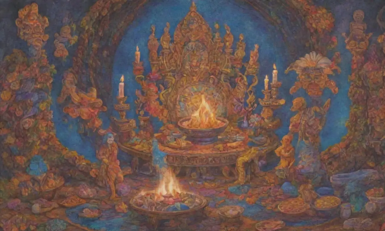 Un escenario sagrado lleno de símbolos antiguos, colores vibrantes y elementos místicos que evocan unidad y reverencia