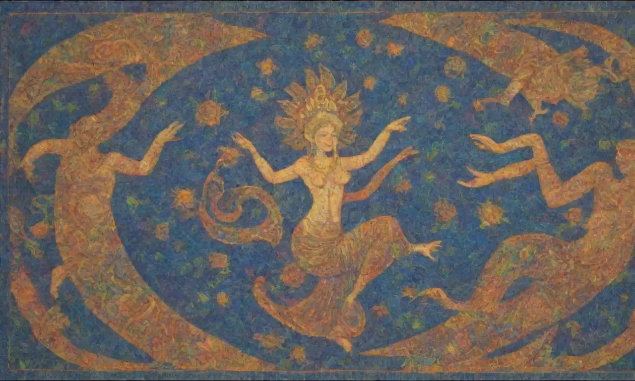 Un tapiz de colores vibrantes y mitología que evoca la esencia de la humanidad