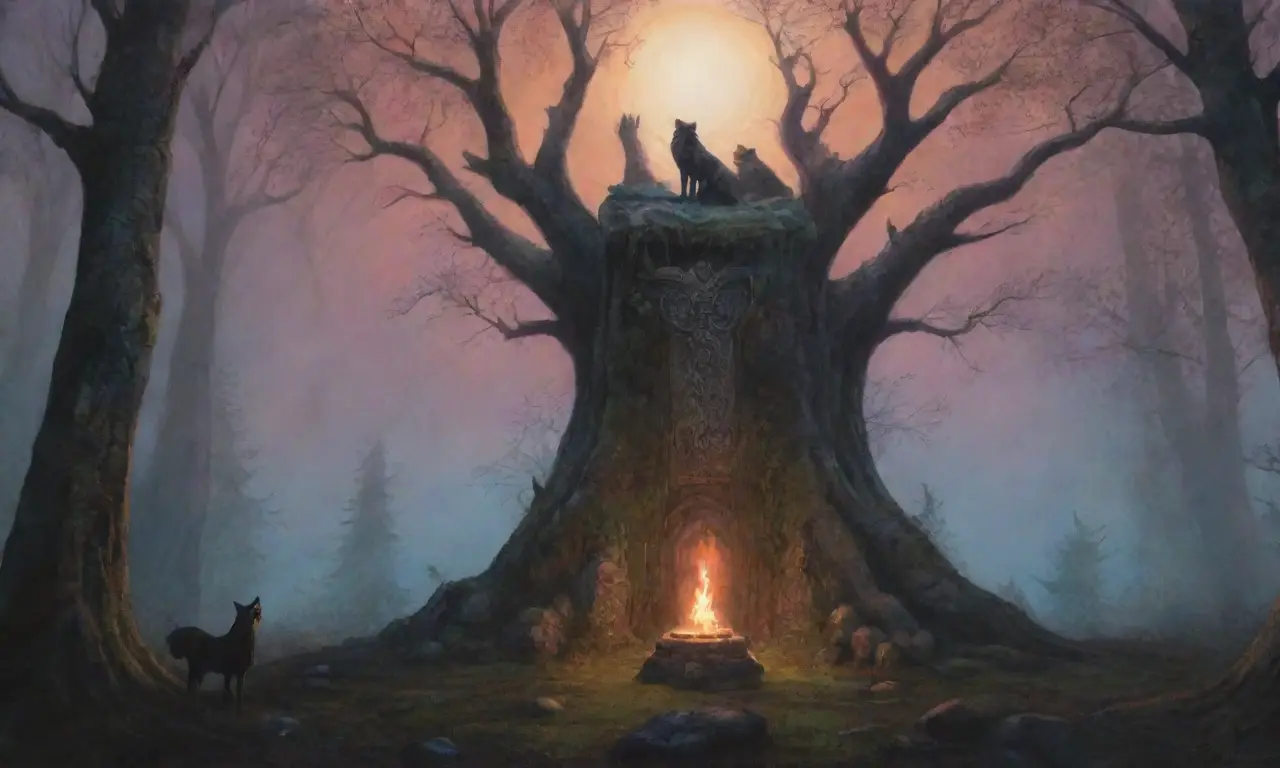 Un bosque oscuro con un altar de piedra, runas, un colgante de Mjölnir y un ambiente misterioso