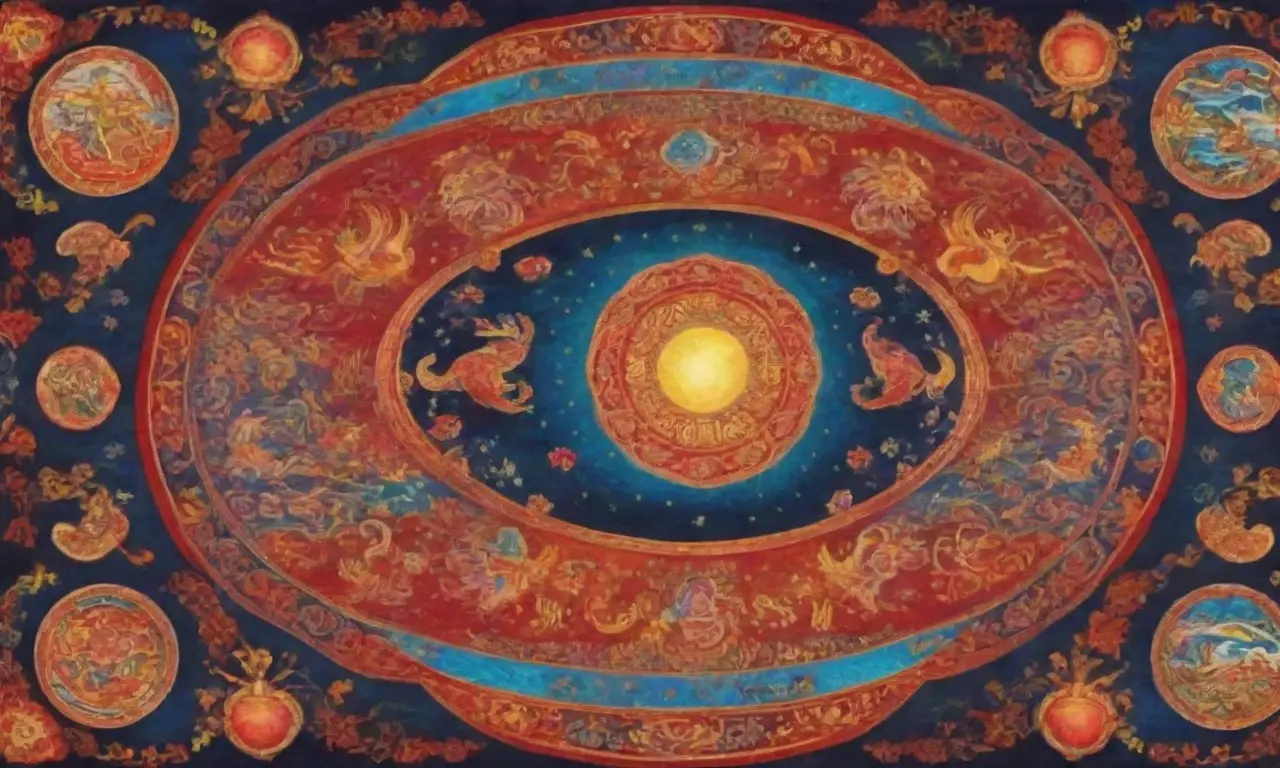 Un tapiz vibrante de animales zodiacales, colores audaces y símbolos culturales