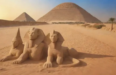 Un vasto desierto con una esfinge colosal