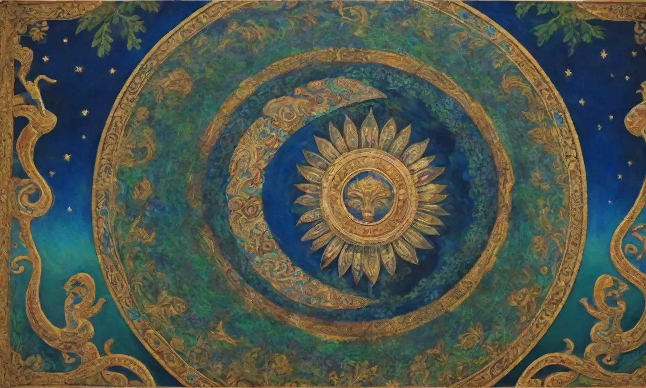 Una escena vibrante y mística llena de símbolos antiguos, colores vivos y un sentido de armonía