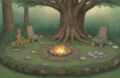 Un bosque verde y vibrante con un altar de piedra