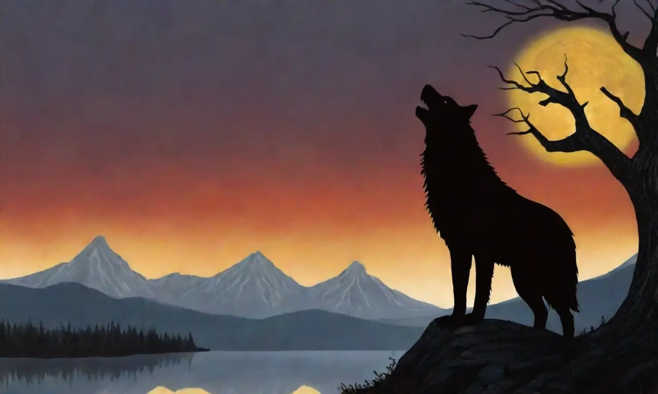 Un lobo masivo bajo un cielo oscuro y tormentoso, con una luna roja y ecos de batalla