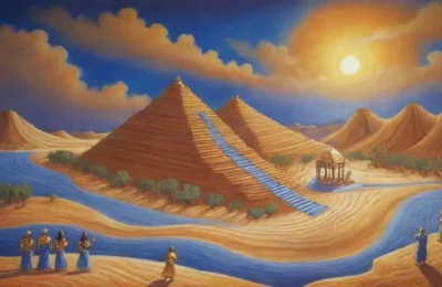 Un vasto desierto con un ziggurat antiguo