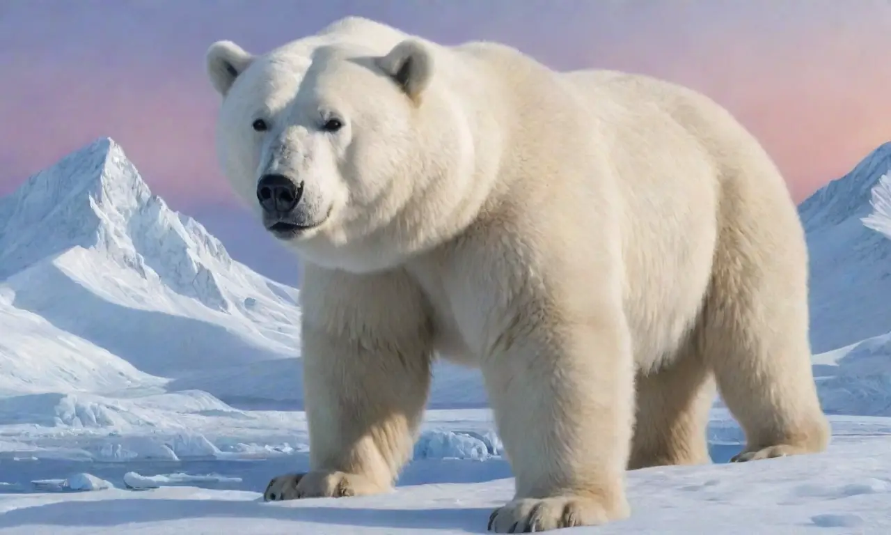 Un paisaje helado con un oso polar, símbolos inuit, auroras boreales y una aldea cercana