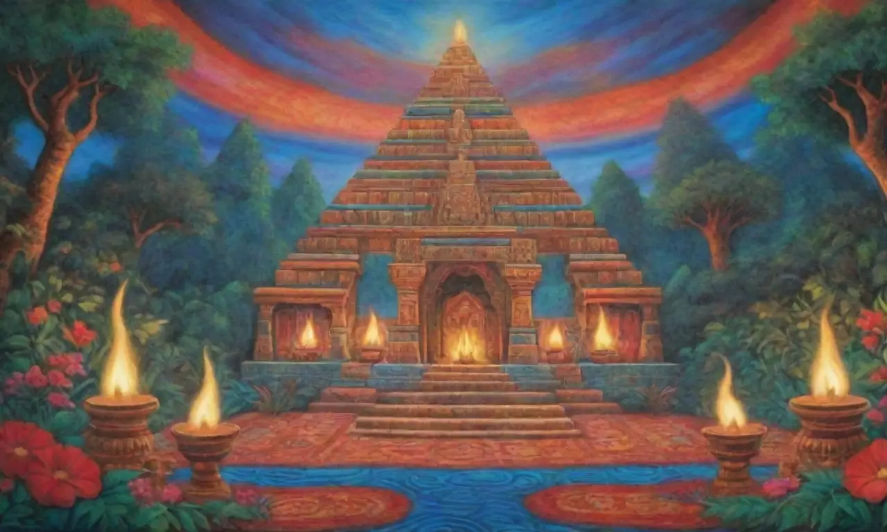 Un vibrante escenario ceremonial lleno de colores, símbolos sagrados y conexión ancestral