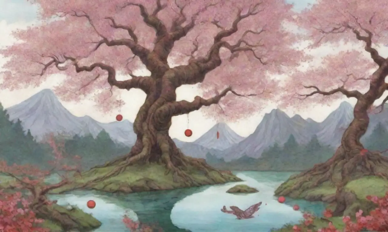 Un bosque místico con árboles antiguos, niebla suave, luces etéreas, figuras de Tengu, y un ambiente mágico