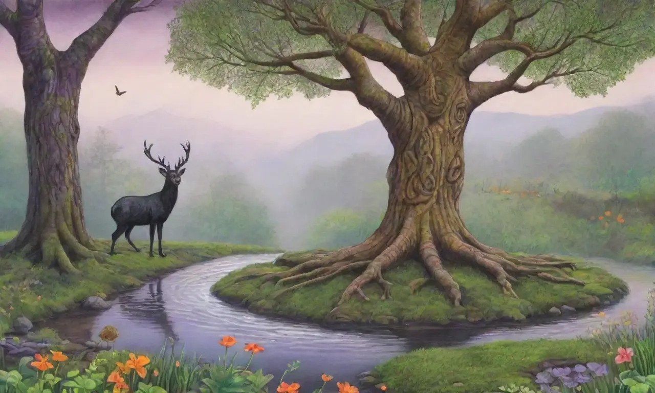 Un bosque mágico y misterioso lleno de vida y símbolos antiguos