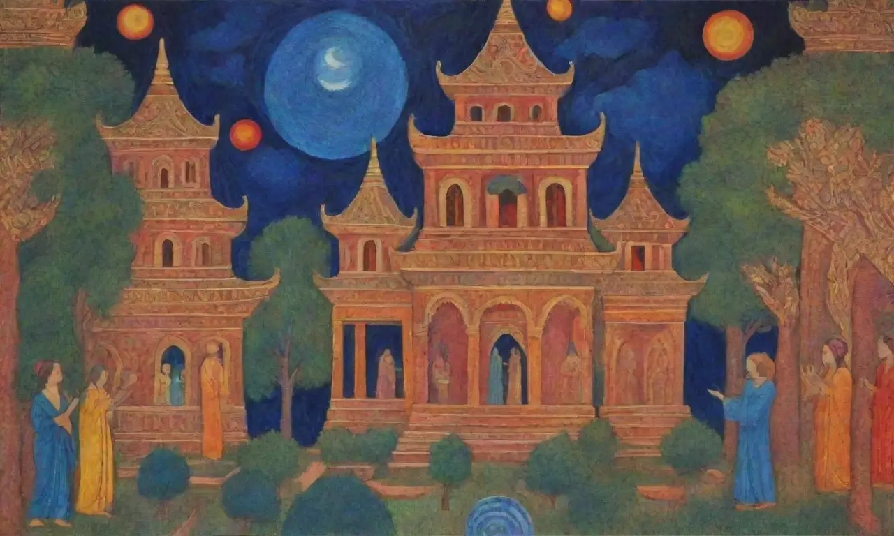 Murallas de templos antiguos con frescos intrincados y figuras divinas en un ambiente espiritual
