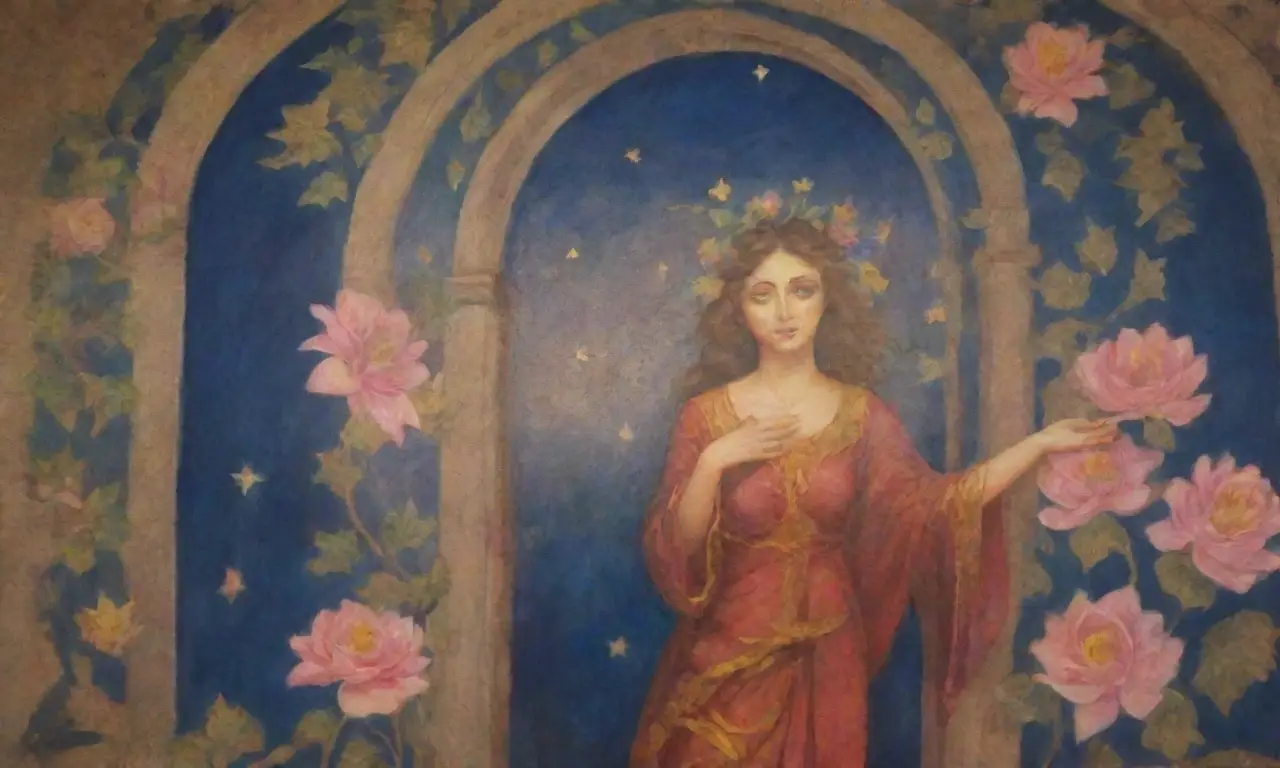 Una habitación oscura con sombras suaves, un mural de Electra, un ambiente de anhelo y belleza entrelazada