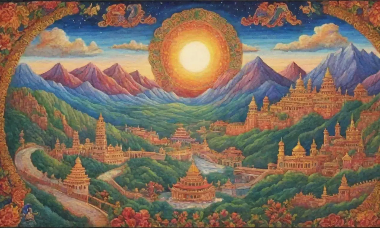 Un tapiz vibrante de símbolos antiguos y paisajes místicos que entrelazan culturas y leyendas
