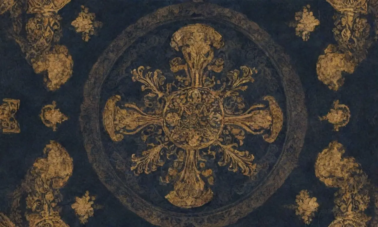Un fondo texturizado con tonos índigo, filigranas doradas, un cruce central rodeado de motivos florales y símbolos antiguos, creando una atmósfera sagrada y misteriosa