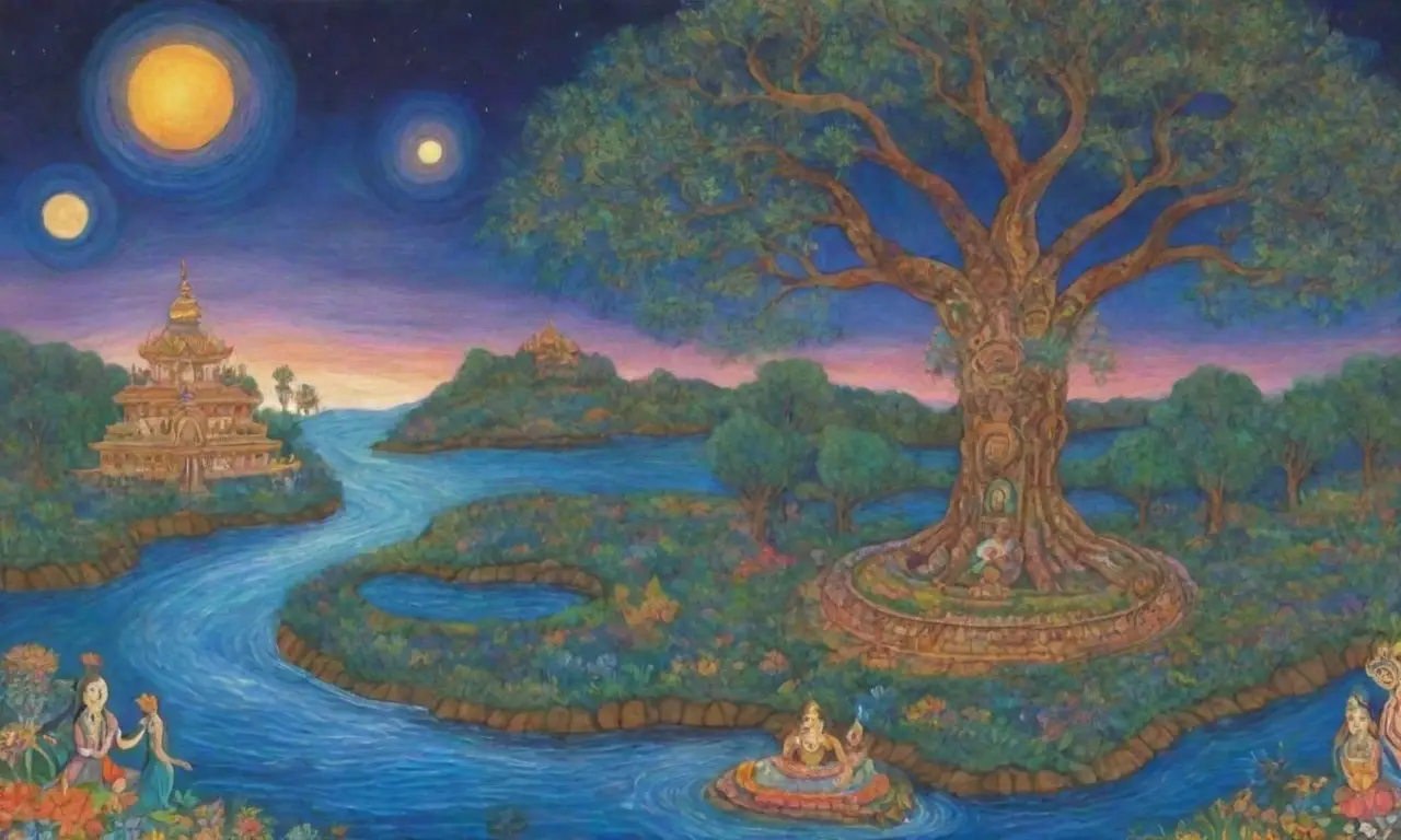 Un paisaje vibrante y espiritual que refleja la esencia de la vida y la conexión con lo sagrado