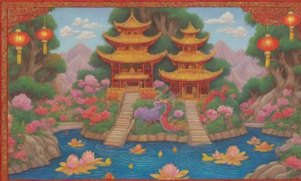 Un paisaje vibrante y sagrado lleno de símbolos, colores y elementos de la cultura oriental